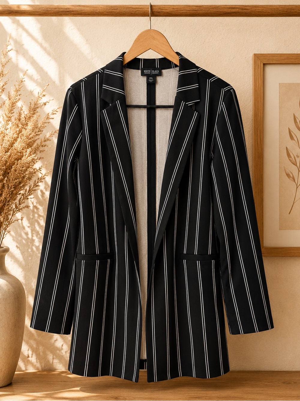 Fashion Magazine Black Pinstripe Open-Front Blazer| 1XL